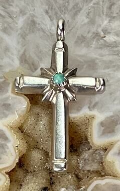VTG Native American Carinated Sterling Silver Turquoise Cross Pendant Signed